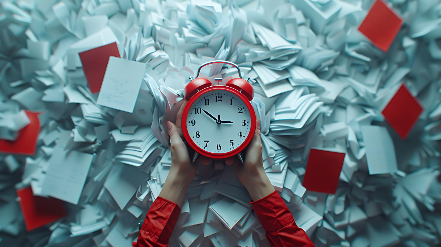 Mains tenant un réveil rouge au milieu d'une montagne de papiers désordonnés, symbolisant l'urgence de la surcharge de travail et la nécessité d'une transformation avec le programme Time Blocking.