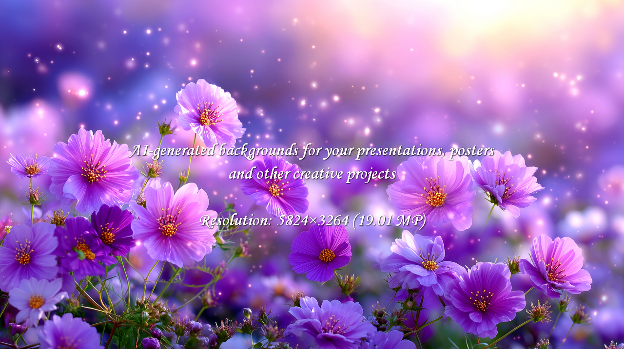 Enchanting cosmos flowers in a dreamy purple field bathed in sparkle and light. Perfect for adding a touch of magic to your designs and springtime projects, bringing beauty and charm to any creative work.