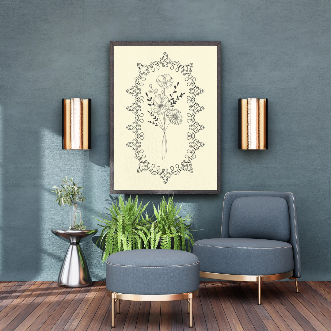 Minimalist floral line art illustration featuring a simple black flower drawing in a modern botanical style, perfect for printable wall art and digital home décor.