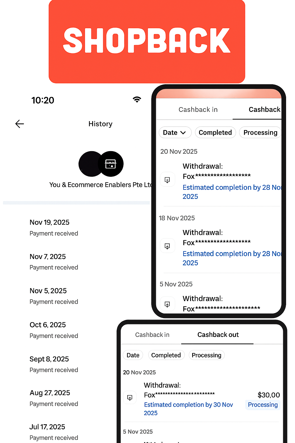 Stacked collage showing proof of cashback earnings from ShopBack. The top screenshot displays multiple payment receipts in U.S. dollars from ShopBack, while the bottom screenshot shows withdrawal transactions marked as completed or processing. The red Sho