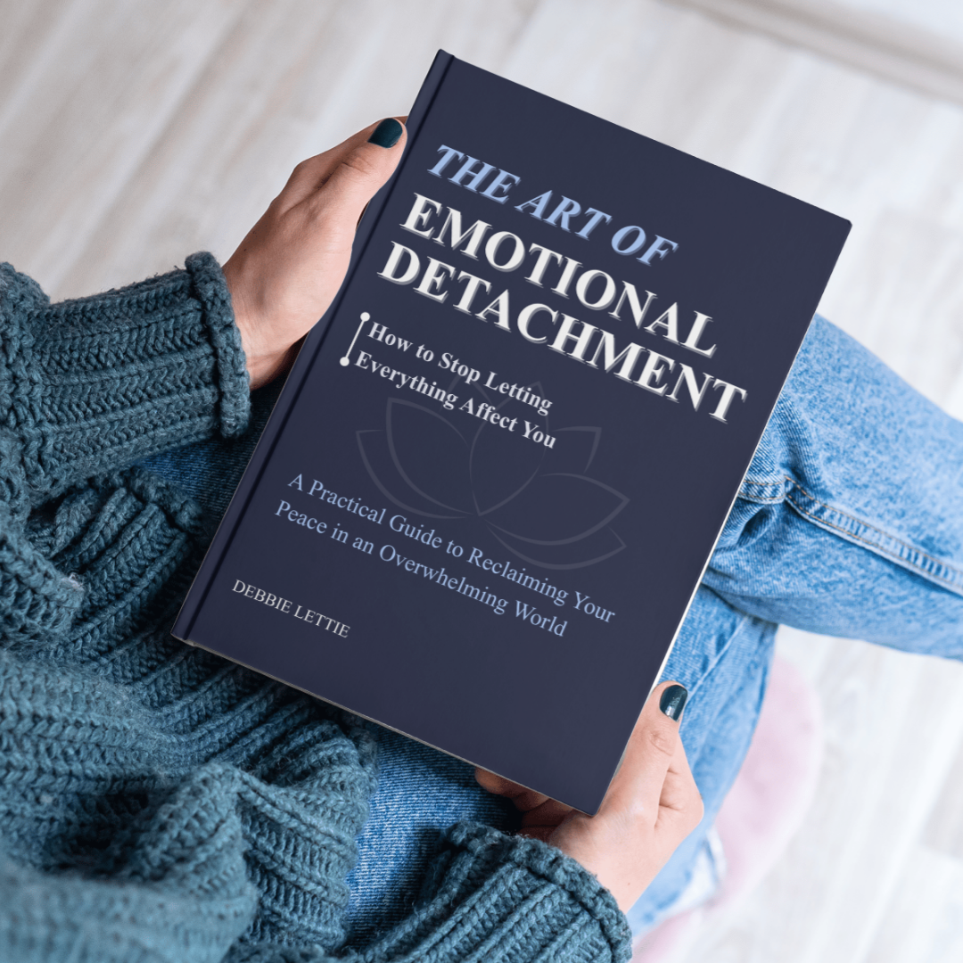 E-book cover titled ‘The Art of Emotional Detachment’ featuring minimalist neutral colors and abstract hands holding a glowing orb, promoting emotional healing, inner peace, and self-help content