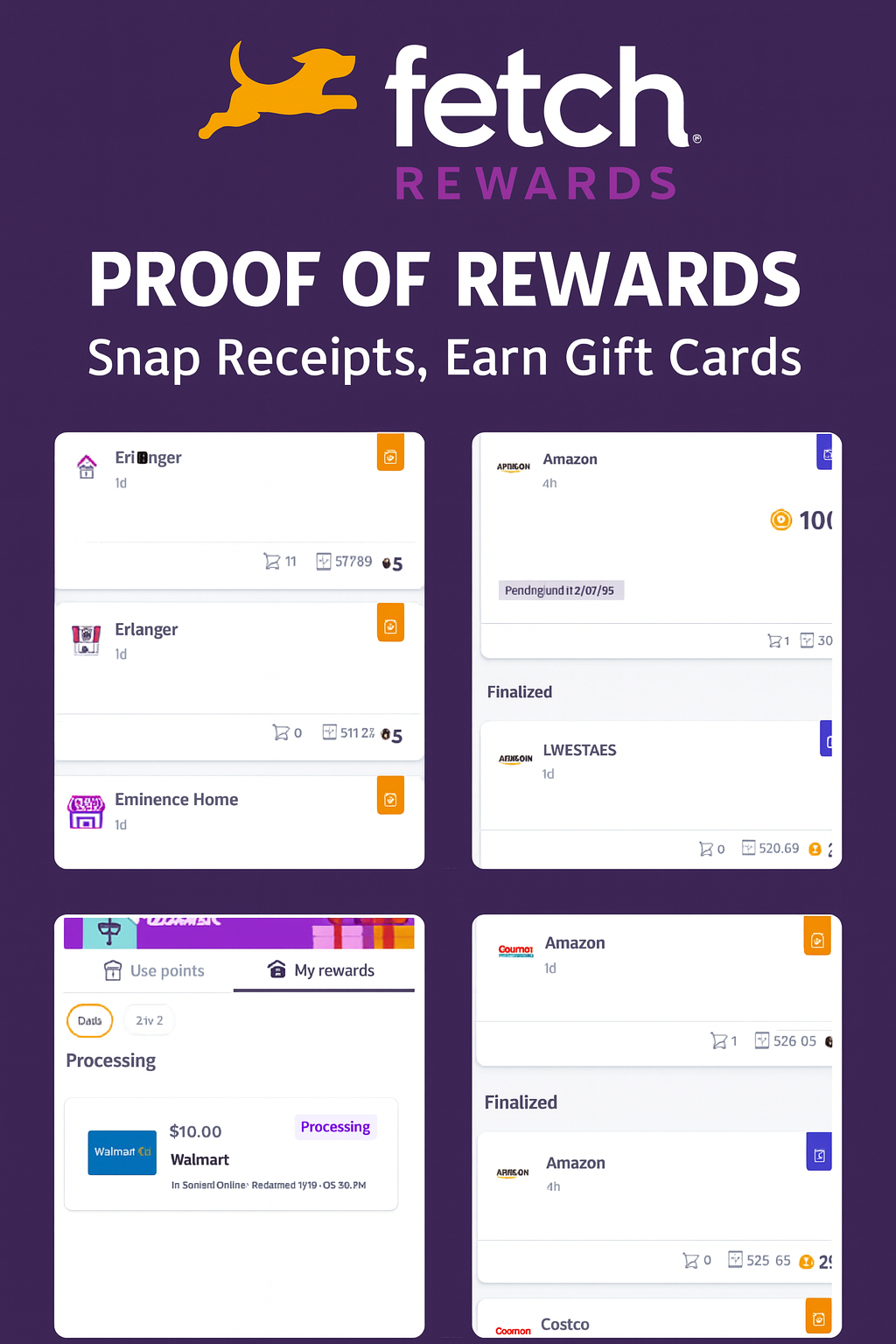 Collage of four screenshots from the Fetch Rewards app showing proof of points earned and a Walmart gift card redemption. The Fetch Rewards logo with an orange dog appears at the top, and overlay text reads ‘Proof of Rewards – Snap Receipts, Earn Gift Car