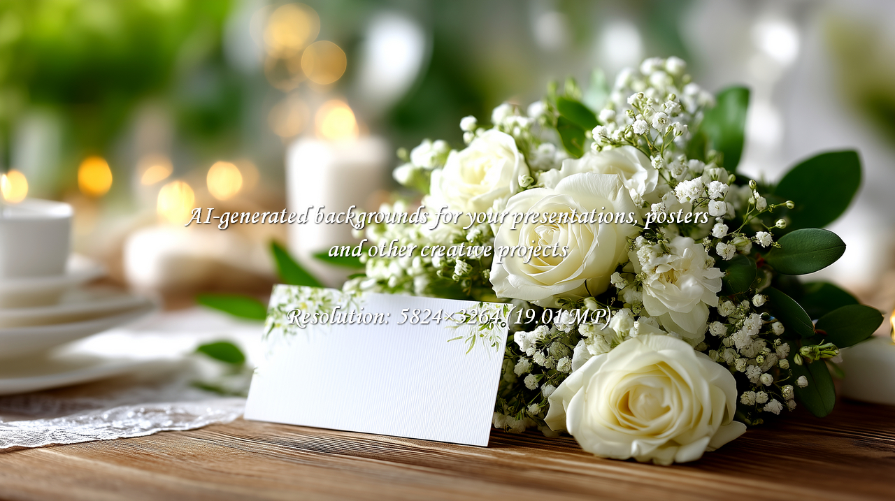 Capture the romance with delicate white roses and a blank card, ideal for wedding announcements or event invitations. Soft light and wood tones create an elegant, inviting ambiance.