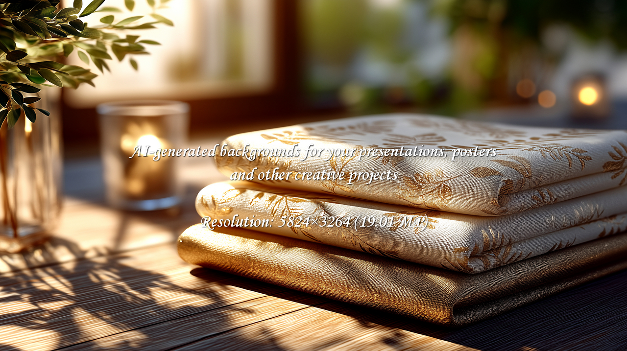 Create a warm and inviting atmosphere with these elegant folded linens. The golden leaf pattern and soft sunlight create a serene and peaceful mood, perfect for enhancing home decor.