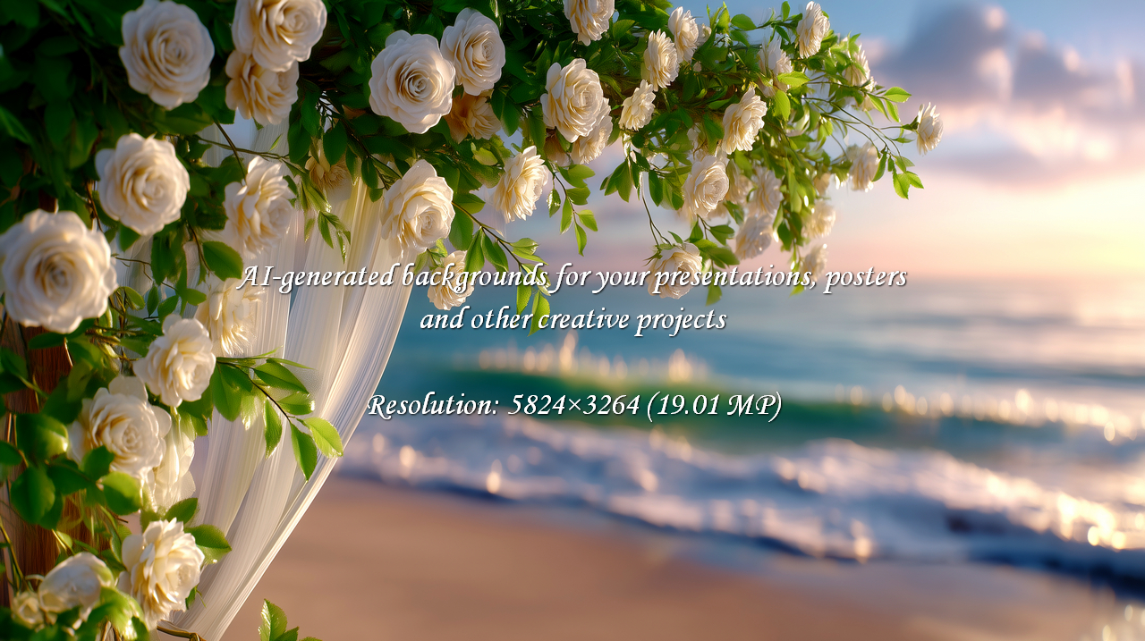 Capture the magic of a beach wedding with this serene scene of white roses and sheer fabric framing the ocean. Perfect for conveying romance, celebration, and idyllic beauty.