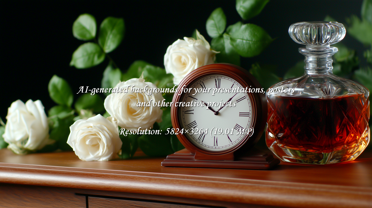 Timeless elegance with a vintage clock, crystal decanter, and white roses. Evokes sophistication and beauty, perfect for luxury lifestyle, home decor, and special occasions. A refined touch.