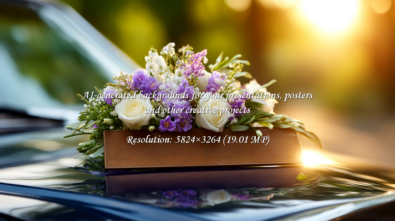 A beautiful floral arrangement rests on a sleek car, bathed in golden light. Perfect for weddings, anniversaries, or any celebration of love and commitment. Convey elegance, romance, and joyful memories.