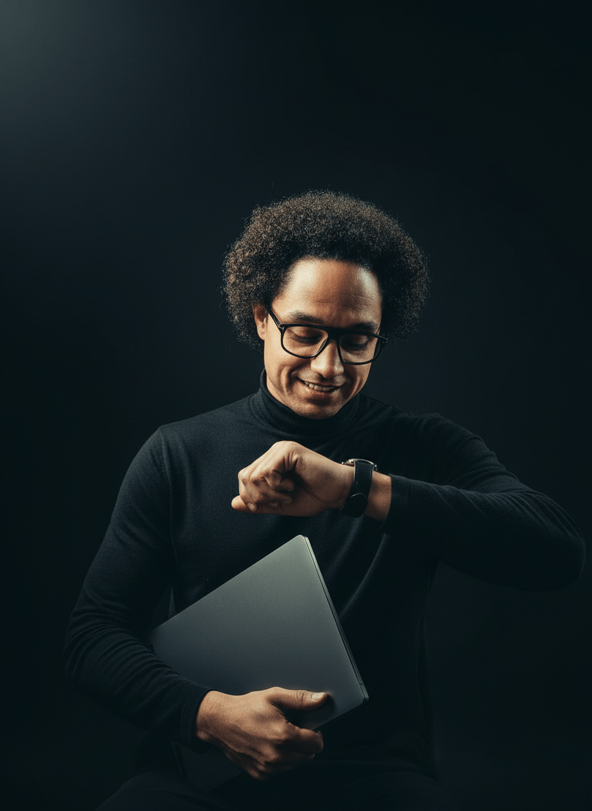 Photo portrait de Benjamin AZIKA-EROS, préparateur mental qui tien un ordinateur portable et ragerde sa montre en attente d'un RDV pour un diagnostic de performance mindset, DPM / Neuro-Score