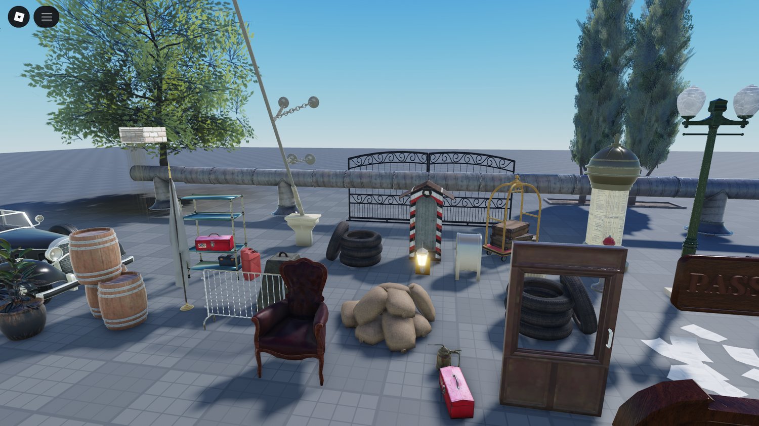 Industrial 1930s pipes and metal props for Roblox building.