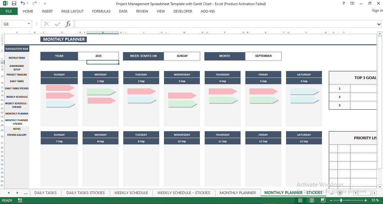 Monthly Project Planning Template with Visual Stickies