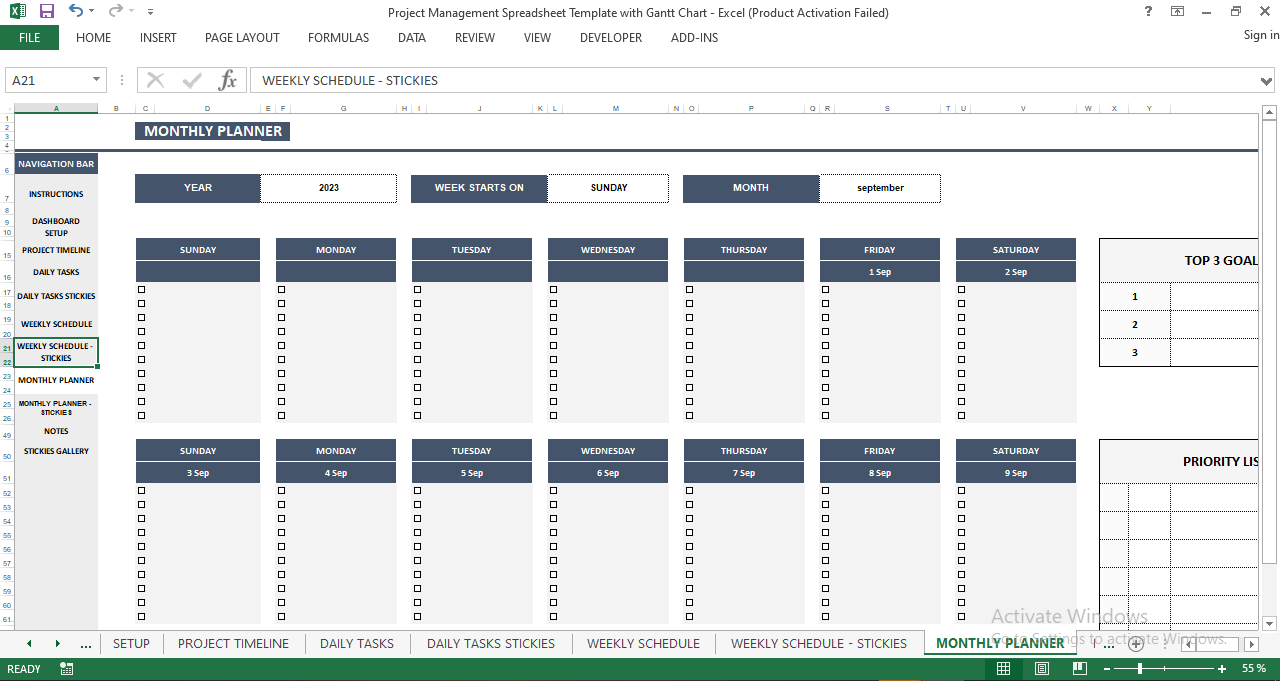 Monthly Calendar Planner Template for Project Management