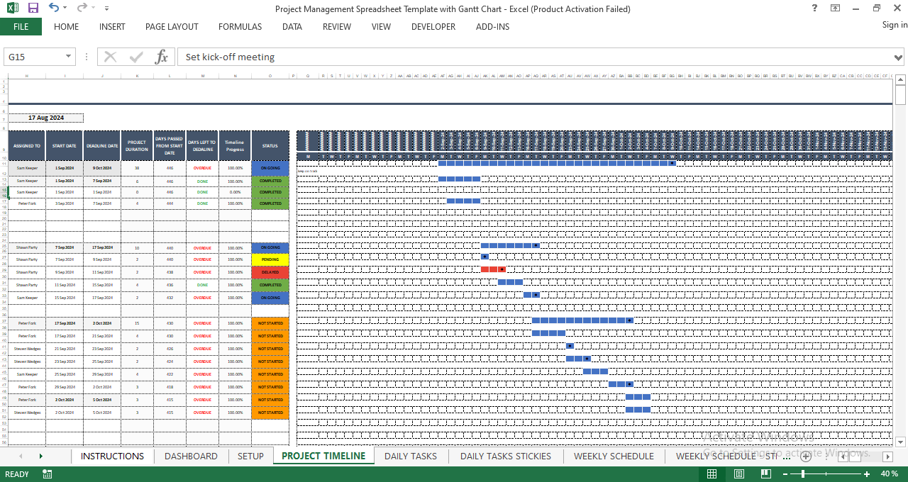 Interactive Gantt Chart Project Timeline Spreadsheet Template
