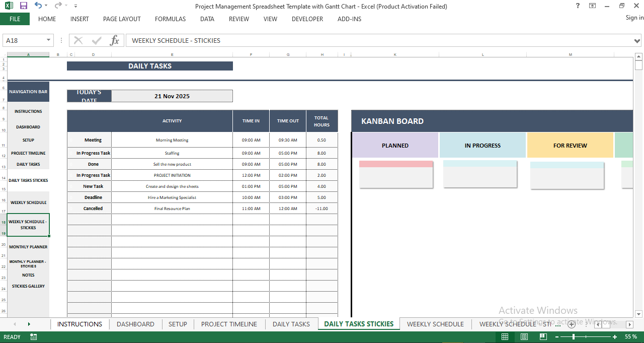 Kanban Board Template with Color Stickies for Project Management
