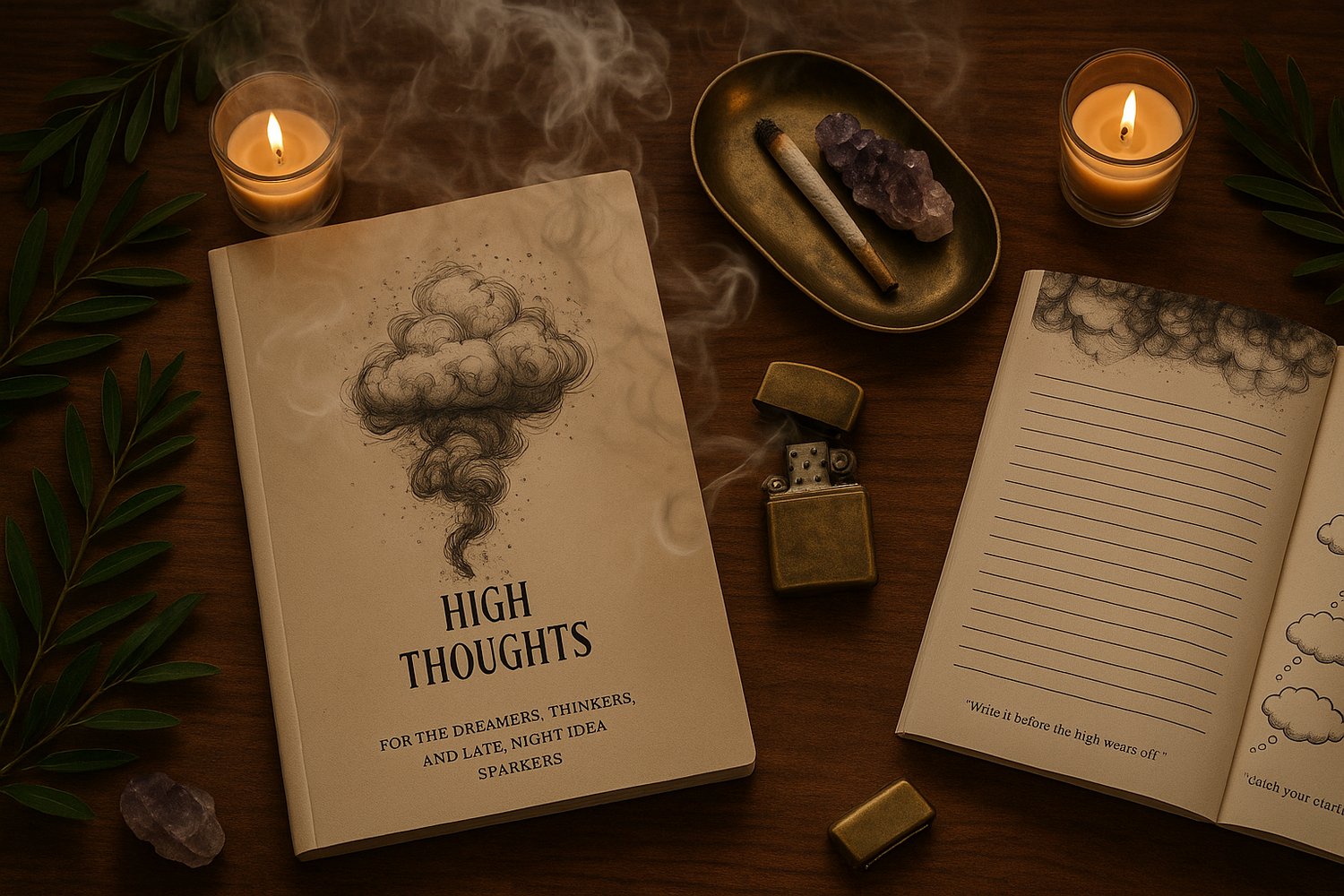 A warm, moody desk scene showing the High Thoughts journal with a smoke cloud illustration on the cover. Candles glow on the wooden surface, smoke drifts through the air, and a brass tray holds a joint and amethyst crystals. A vintage lighter and open jou