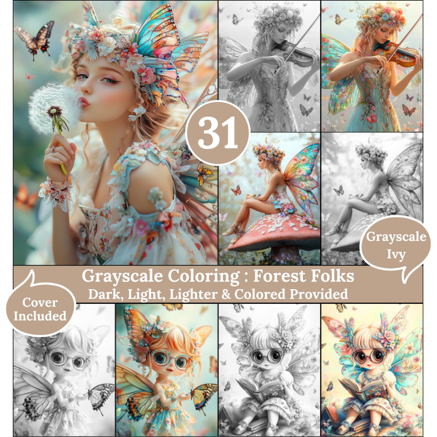 Forest Folks, 31 grayscale coloring, adorable forest fairies, in dark, light, lighter and colored versions, PDF ready to print.