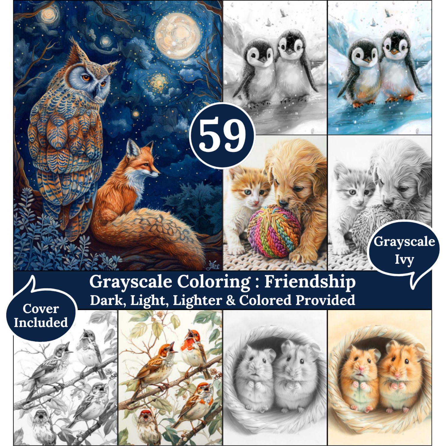 Friendship, 59 grayscale coloring, adorable animals friends, in dark, light, lighter and colored versions, PDF ready to print.