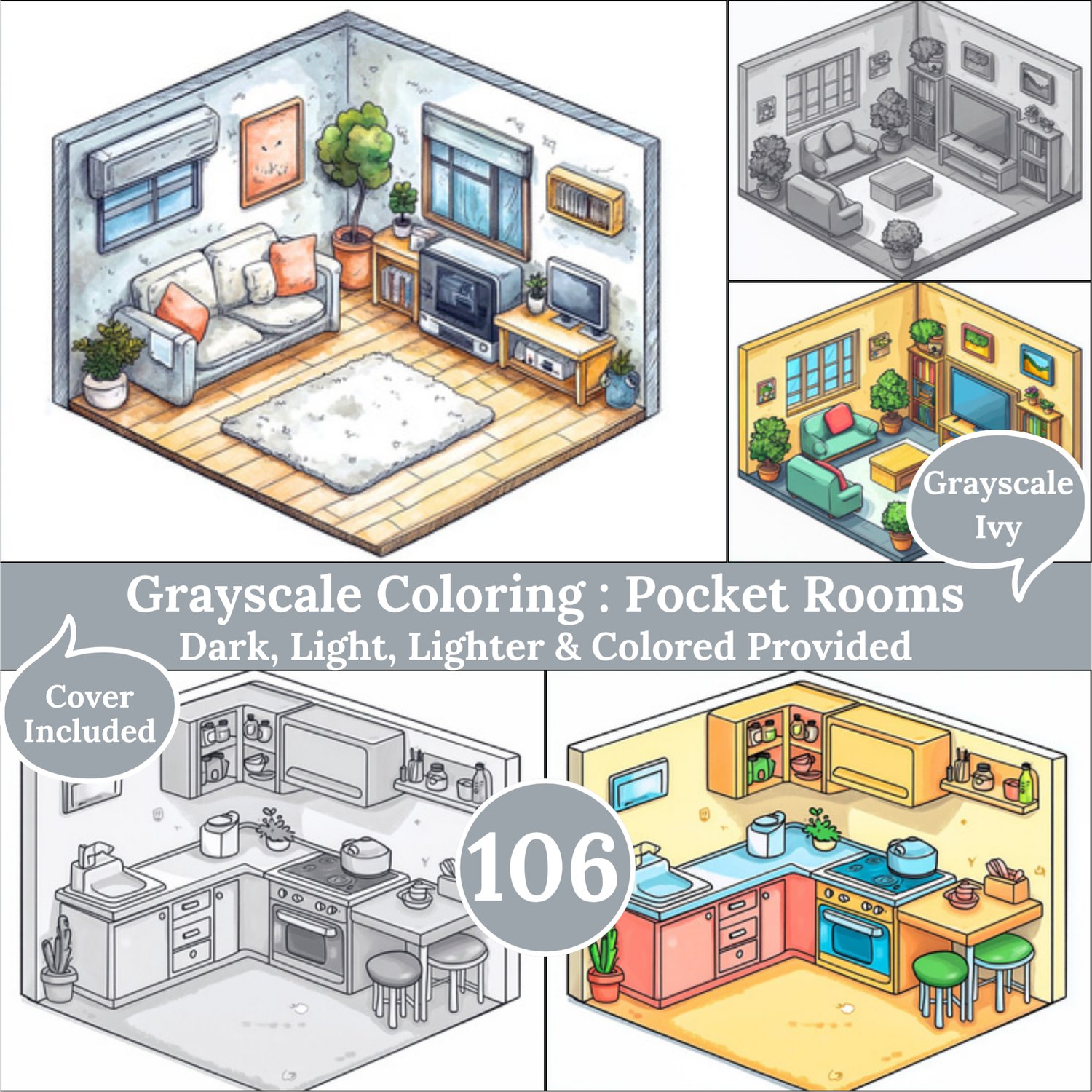 Pocket Rooms, 106 grayscale pages featuring adorable miniature interiors, in dark, light, lighter and colored versions, ready to print.