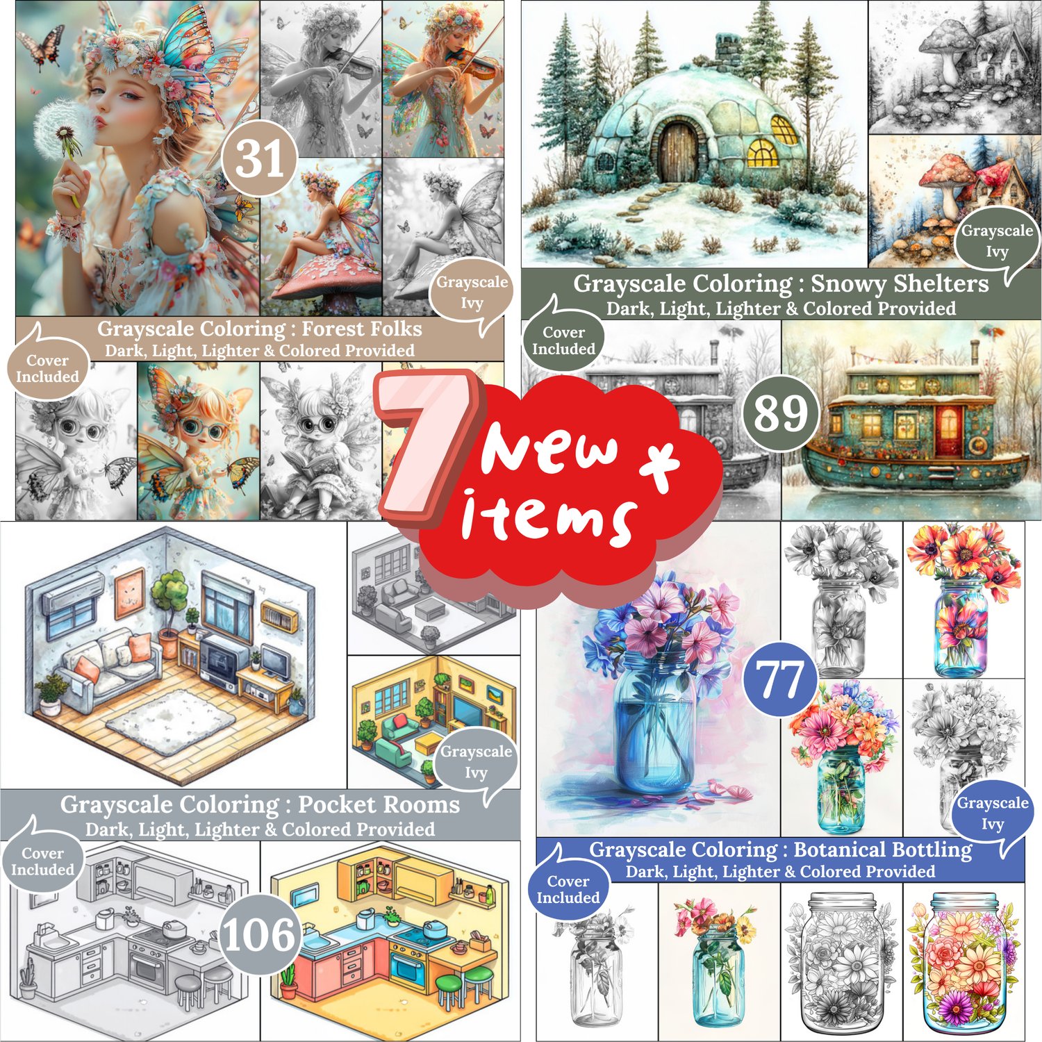 Grayscale Ivy New Arrivals — November 29, 2025 7 new grayscale coloring books for adults, printable PDF, each includes Dark, Light, Lighter & Colored versions.