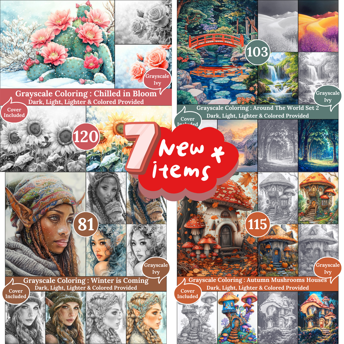 Grayscale Ivy New Arrivals — November 22, 2025 7 new grayscale coloring books for adults, printable PDF, each includes Dark, Light, Lighter & Colored versions.