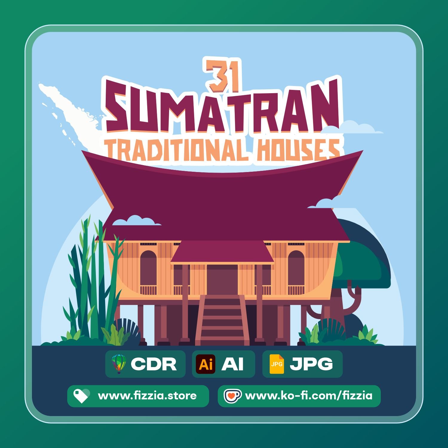 Sumatran traditional house vector illustration bundle - fizzia.store