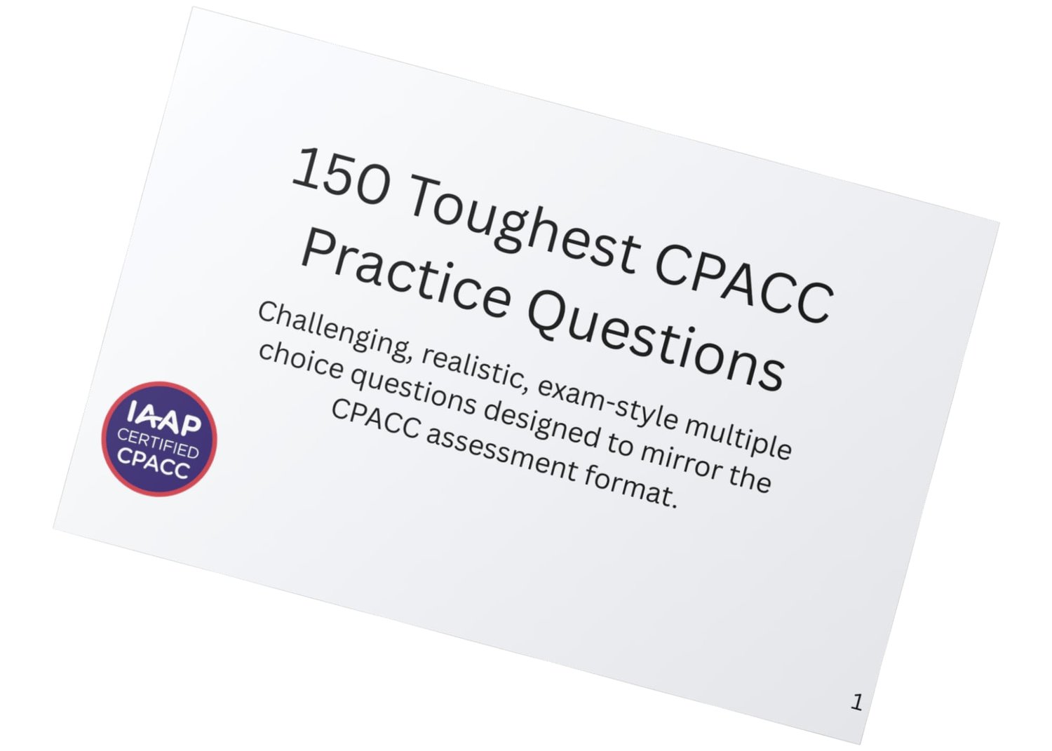 A floating notecards reads 150 Toughest CPACC Practice Questions