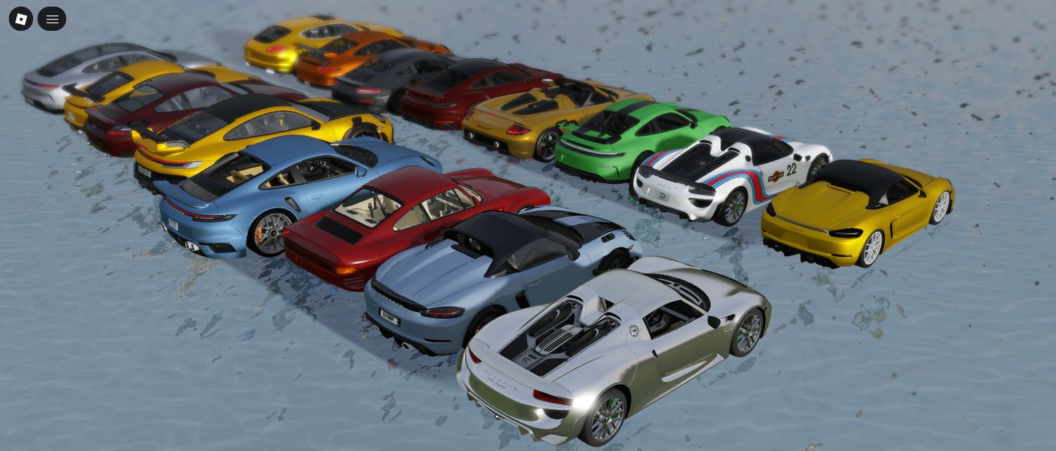 Roblox Porsche vehicle pack with multiple high-detail sports cars