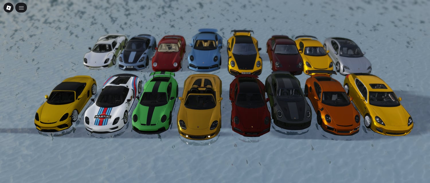 High-quality Porsche car models in various colors for Roblox