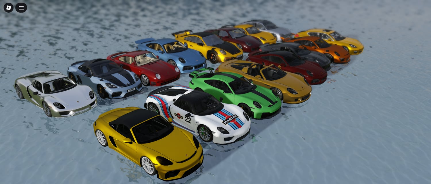 Scripted Porsche cars showcased in a Roblox driving environment