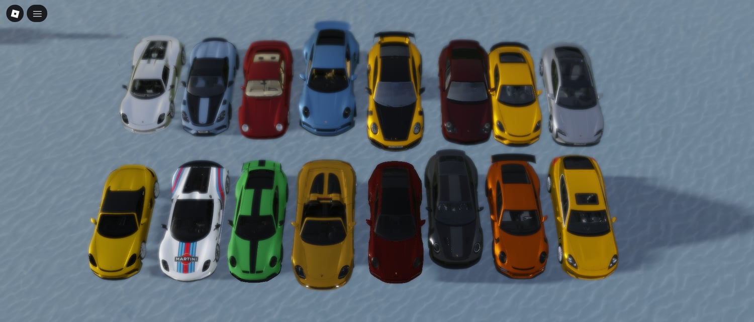 Driveable Porsche cars lined up in a Roblox game world