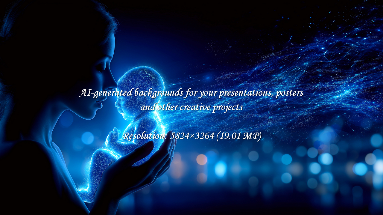 A serene and futuristic scene of a glowing newborn held by a mother, bathed in blue light. Evokes feelings of love, protection, and new beginnings, perfect for medical, scientific, or family-oriented campaigns.