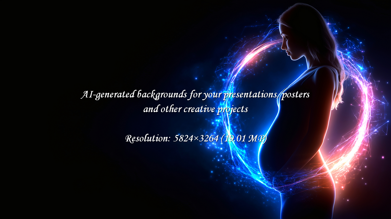 A radiant pregnant woman's silhouette glows with futuristic neon energy, symbolizing the magic and hope of new life. Perfect for conveying themes of maternity, family, and the beauty of creation.