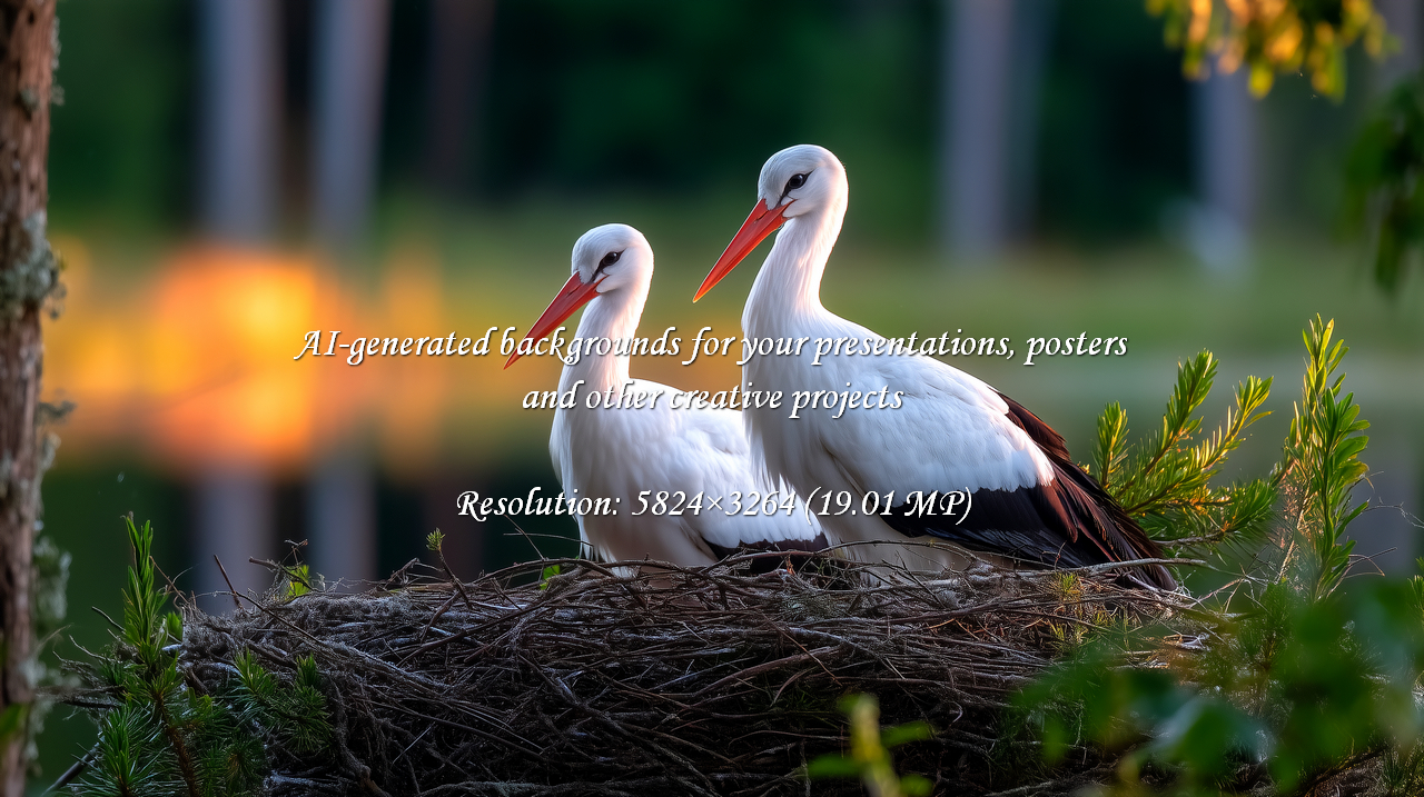 Witness the serene beauty of two storks nesting at sunset. Ideal for conservation efforts, wildlife publications, and ecological projects, capturing a tranquil moment in their natural habitat.
