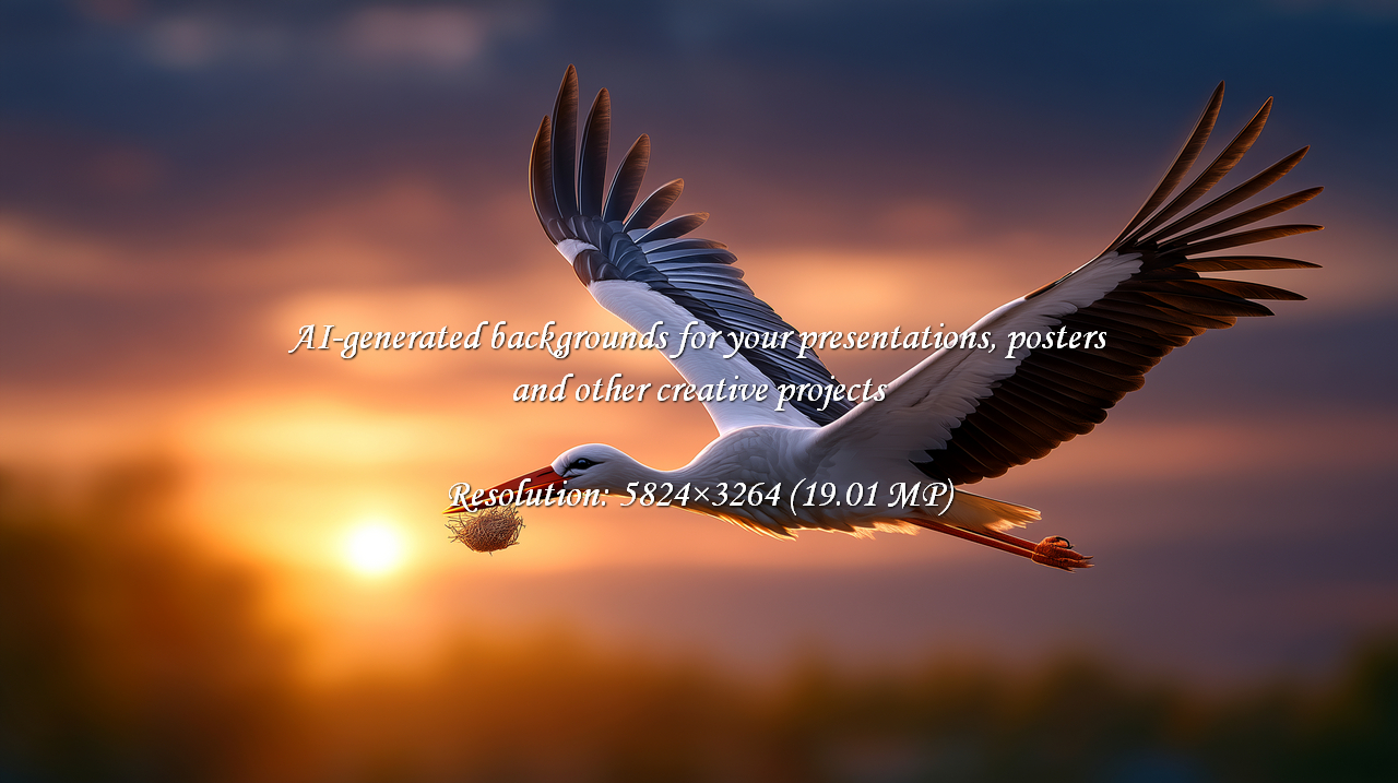 A stork in silhouette against a vibrant sunset, carrying a nest. Evokes feelings of home, family, and the beauty of nature. Ideal for conservation and heartwarming themes.