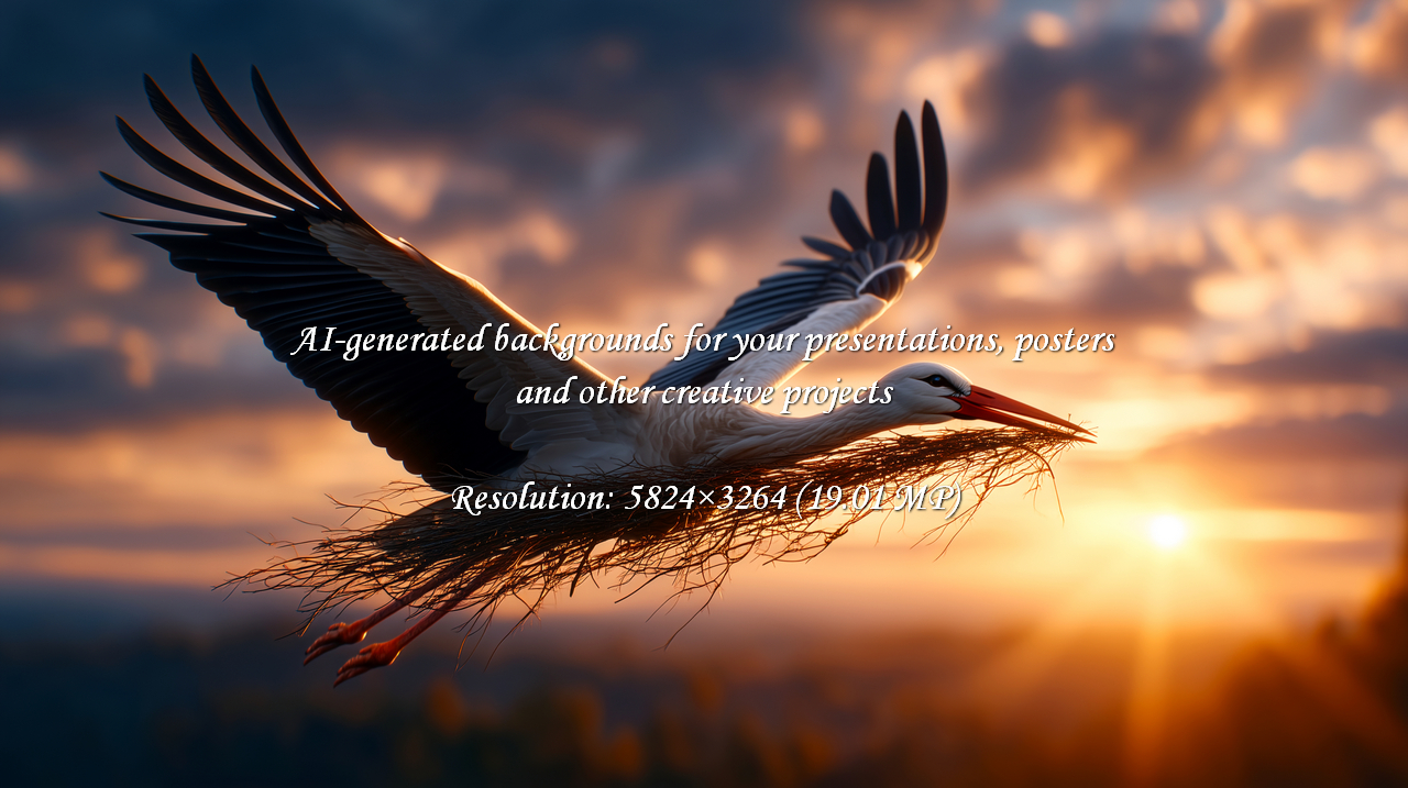 A majestic stork flies at sunset, carrying nesting material. Evokes feelings of home, family, and new beginnings. Perfect for projects needing a touch of nature's beauty and serene hope.