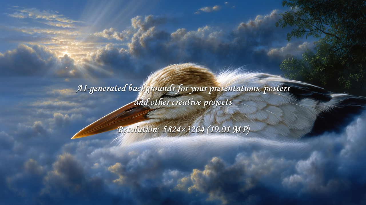 A serene stork rests peacefully among the clouds, bathed in soft sunlight. Evokes tranquility and wonder, perfect for inspiring dreams or adding a touch of magic to any project.