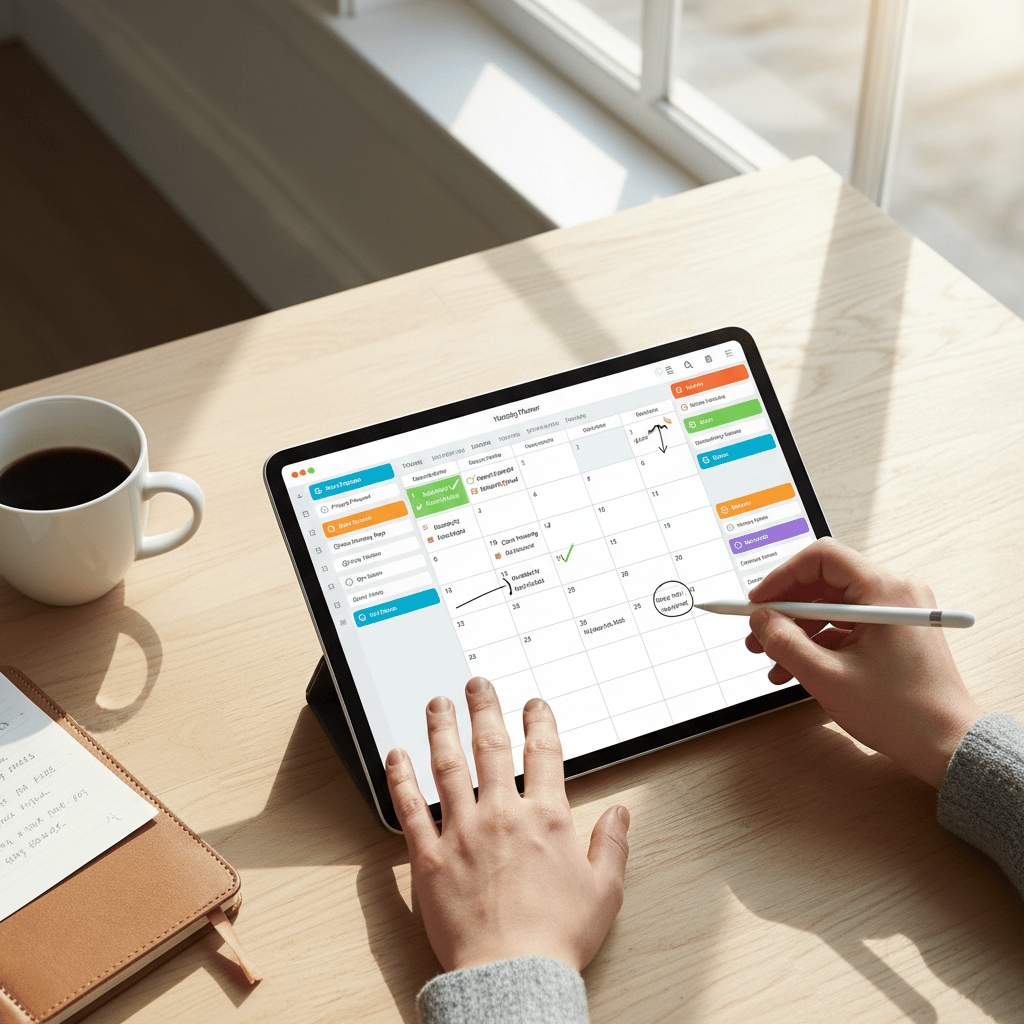 Digital planner productivity guide showing GoodNotes app on iPad with weekly planning layout