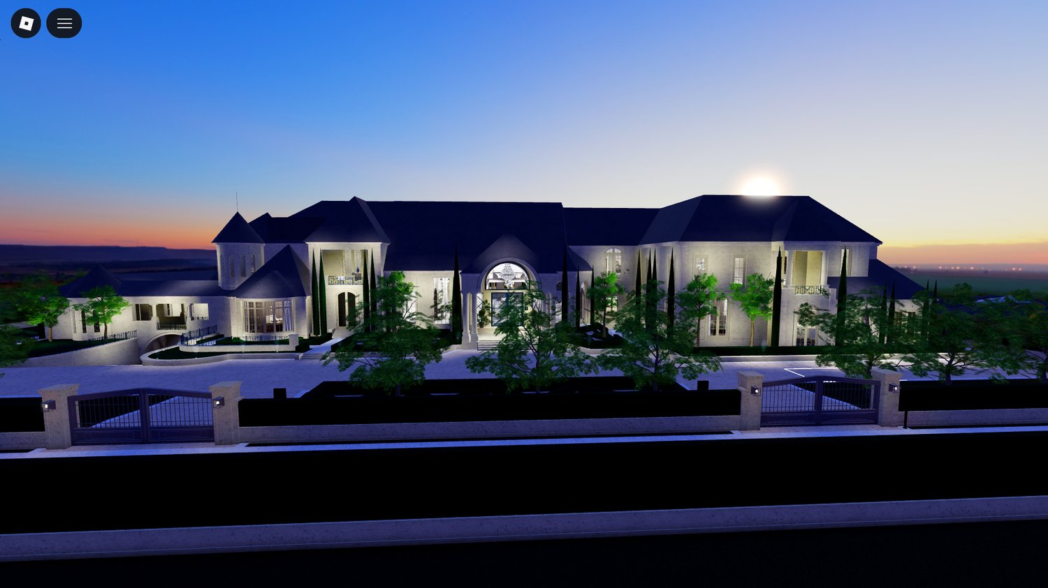 Wide view of mansion property in Roblox
