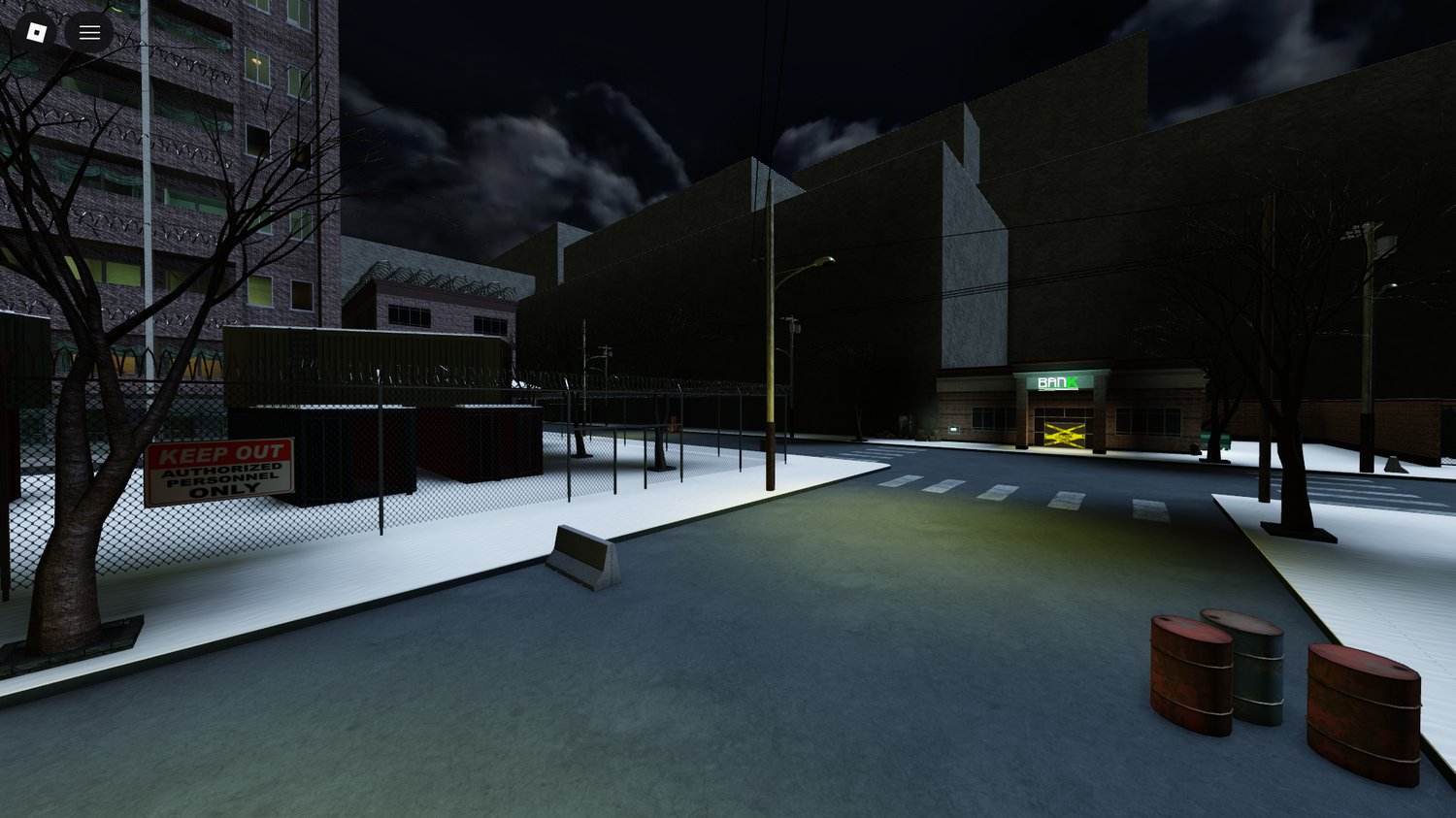 Wide view of snowy Roblox town