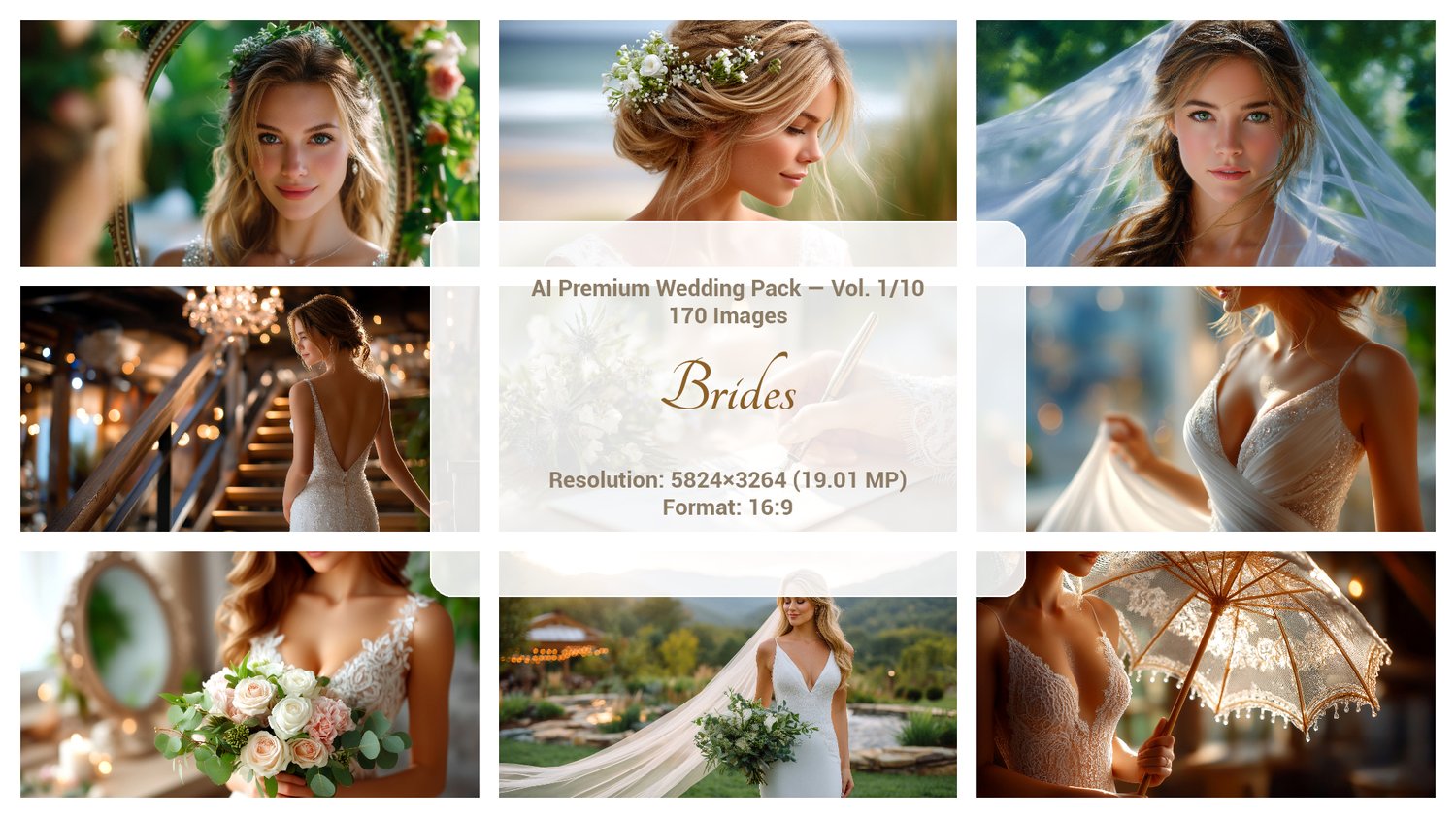 A premium AI-generated collection of 170 high-quality images featuring elegant brides and brides with floral bouquets in beautiful close-up compositions. Perfect for wedding projects, social media content, invitations, posters, branding, and commercial cr