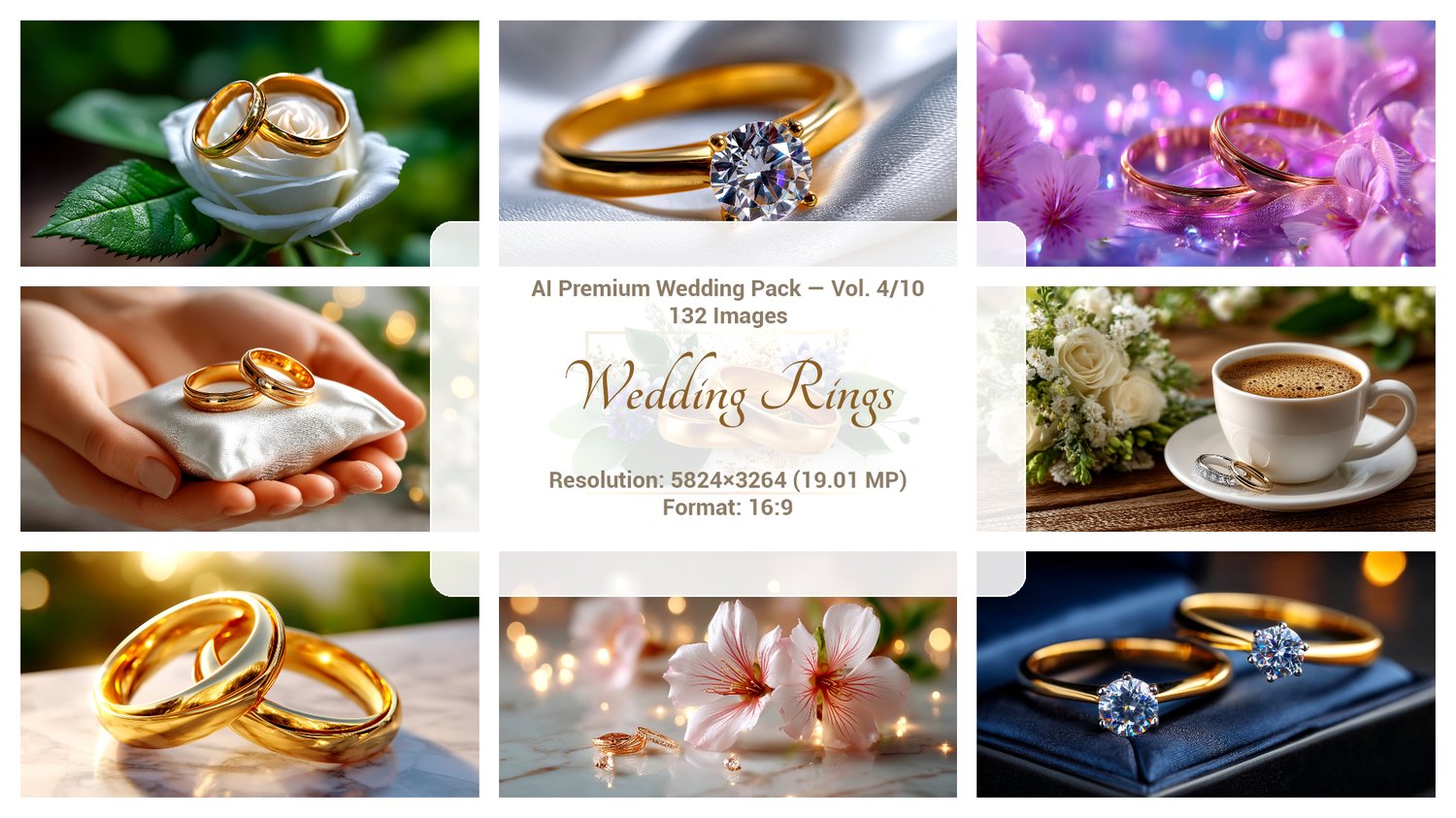 A premium AI-generated collection of 132 high-quality images featuring wedding rings. Includes close-ups of engagement and wedding rings, elegant jewelry details, and romantic compositions. Perfect for wedding projects, invitations, posters, branding, and