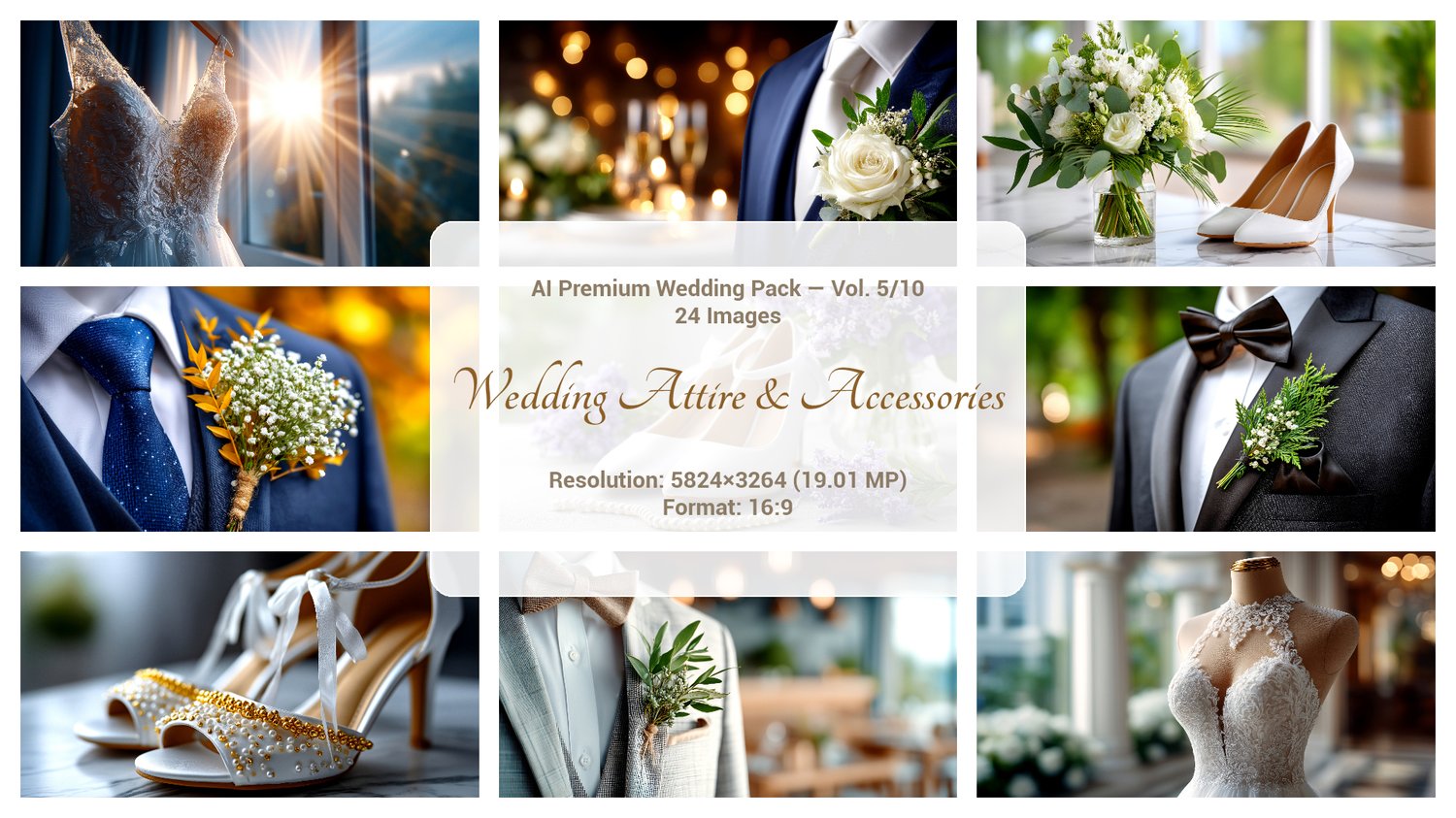 A premium AI-generated collection of 24 high-quality images featuring wedding attire and accessories. Includes women’s dresses, men’s tuxedos, and women’s shoes. Perfect for wedding projects, invitations, posters, branding, and commercial visuals. Each im