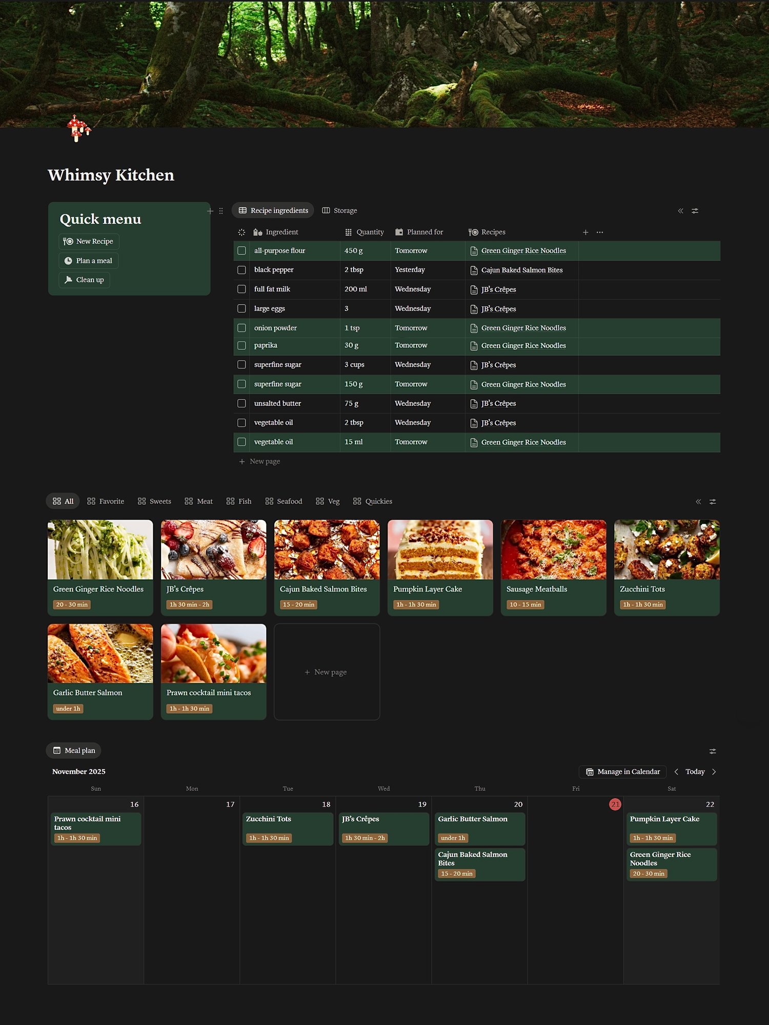Complete Smart Kitchen Planner Notion template interface showing integrated meal planning calendar, organized recipe database with collections, automatically generated grocery shopping list with ingredients, weekly and monthly meal scheduler, ingredient storage tracker, meal prep system, quick action buttons, and clean aesthetic design layout for efficient home cooking and kitchen organization.