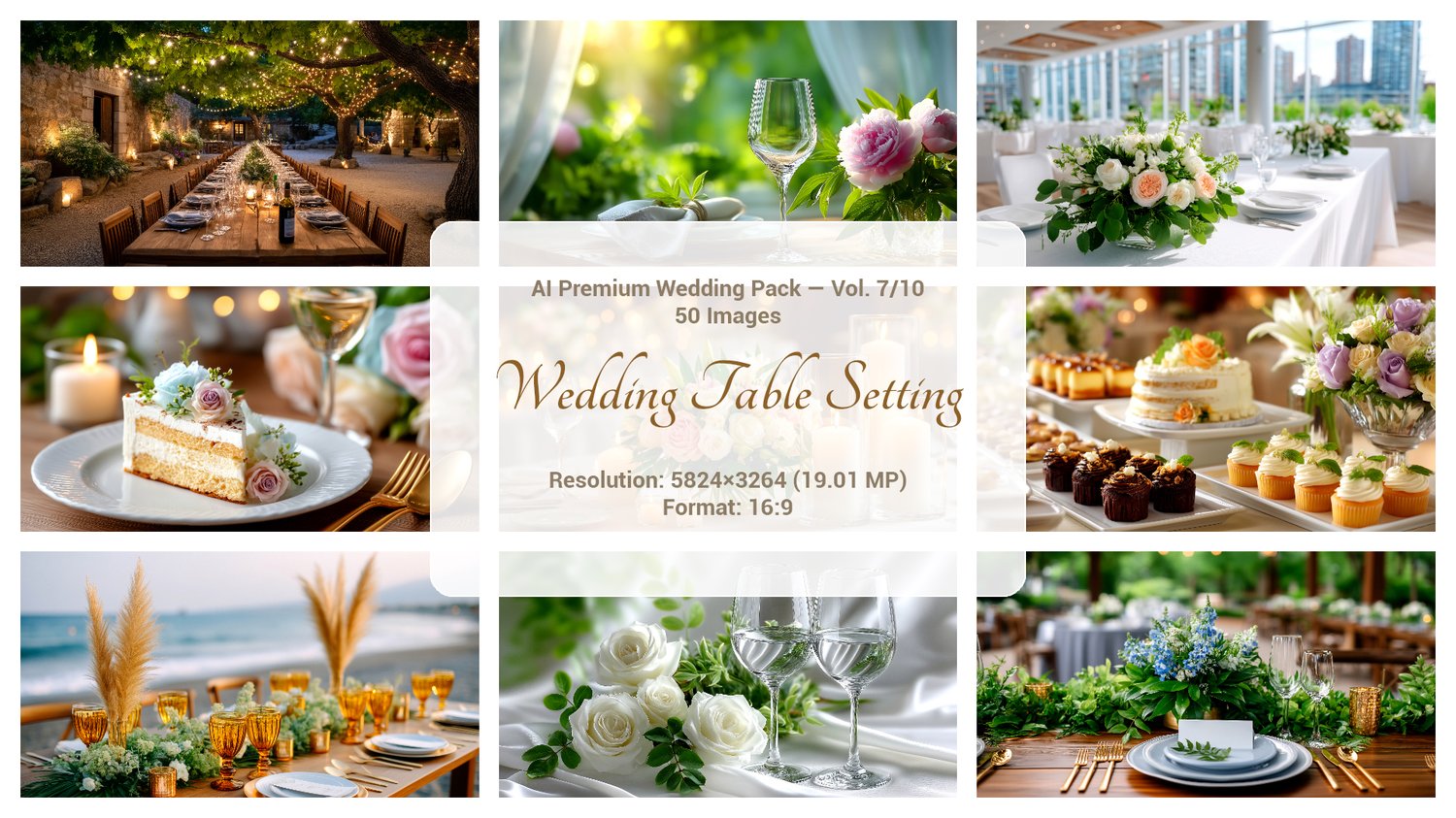A premium AI-generated collection of 50 high-quality images featuring wedding table settings. Includes elegant compositions with plates, cutlery, glasses, candles, florals, textiles, and decorative elements. Perfect for wedding projects, invitations, menu