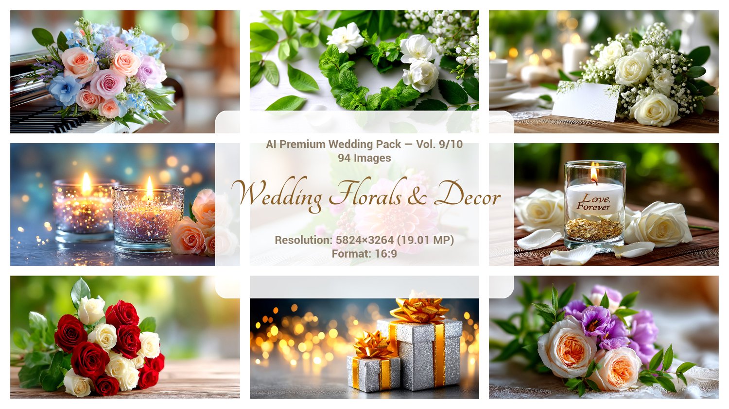 A premium AI-generated collection of 94 high-quality images featuring wedding florals and decorative elements