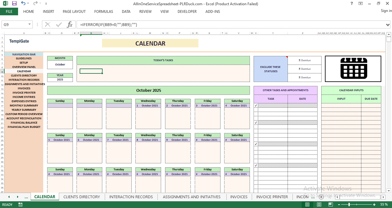 Business management spreadsheet calendar view showing monthly schedule, daily tasks, appointments, task statuses, and calendar input fields.