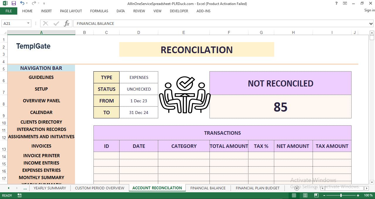 Account reconciliation sheet displaying unreconciled transactions, filters by date and category, and full transaction details.