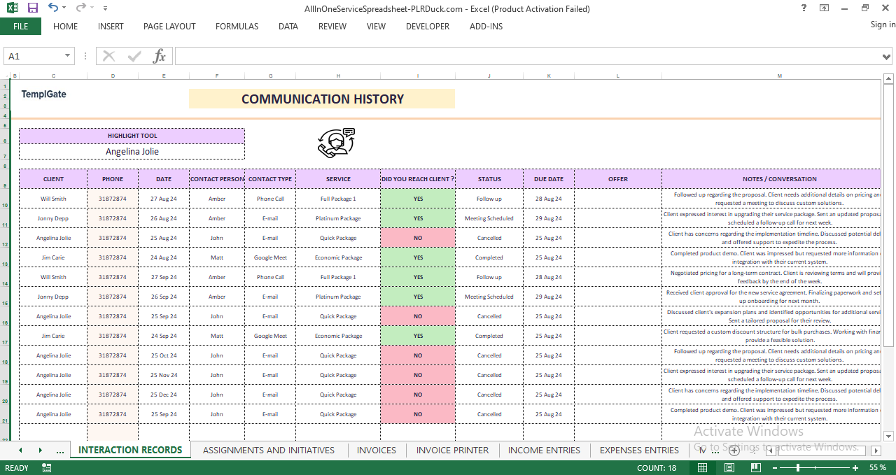 Task and project tracker featuring priority levels, clients, start and due dates, task status, assigned team members, and notes