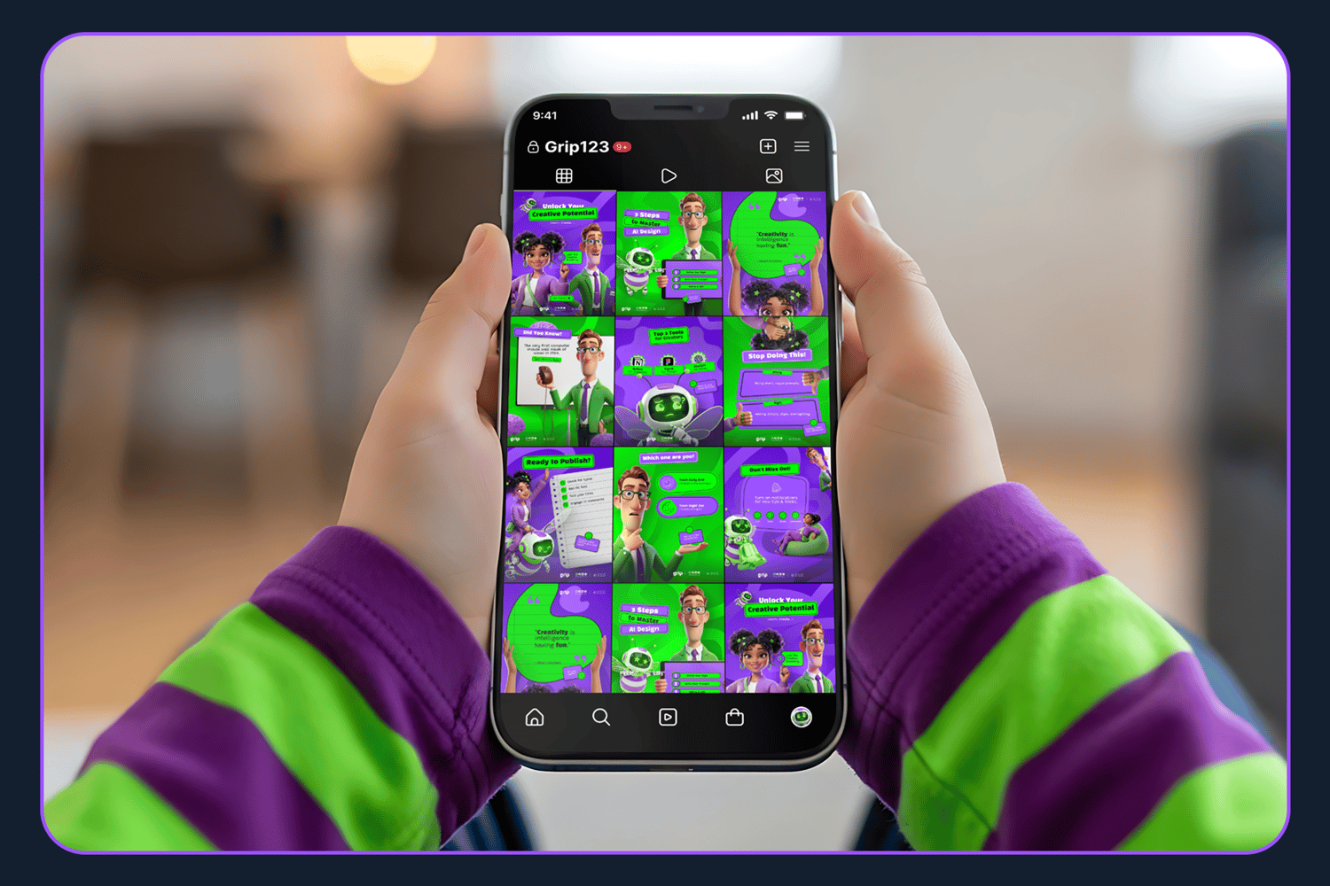 ToonTutor Social Media Kit preview featuring 18 vibrant educational templates for Instagram. The design showcases high-quality 3D Pixar-style characters including a teacher, student, and robot bee in purple and green layouts. Fully editable in Canva and F
