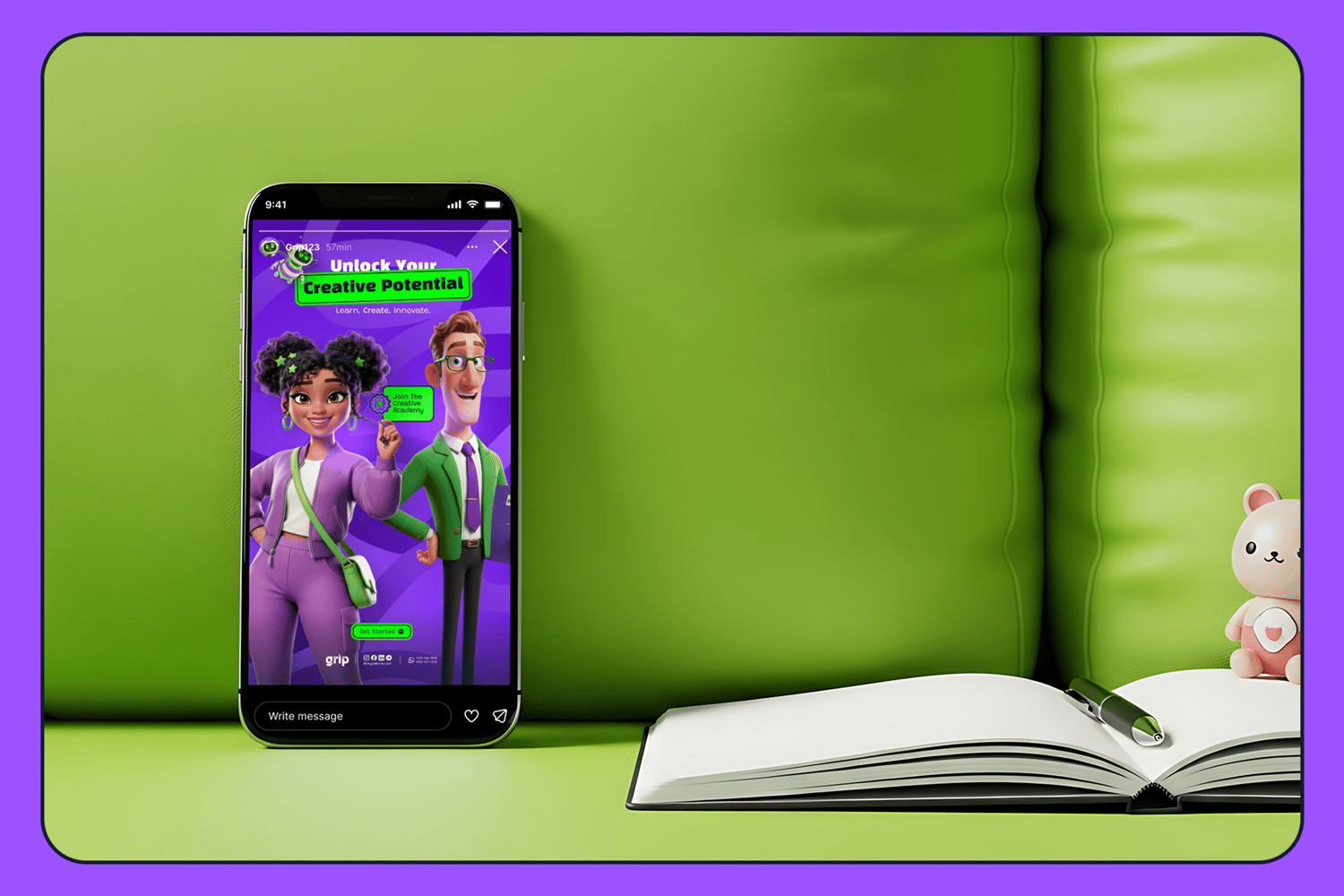 ToonTutor Social Media Kit preview featuring 18 vibrant educational templates for Instagram. The design showcases high-quality 3D Pixar-style characters including a teacher, student, and robot bee in purple and green layouts. Fully editable in Canva and F