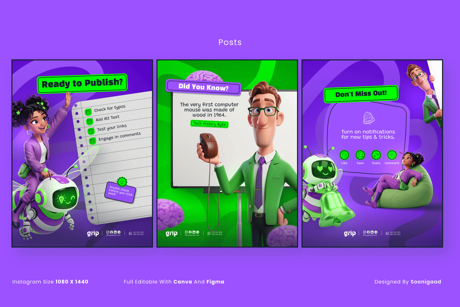 ToonTutor Social Media Kit preview featuring 18 vibrant educational templates for Instagram. The design showcases high-quality 3D Pixar-style characters including a teacher, student, and robot bee in purple and green layouts. Fully editable in Canva and F